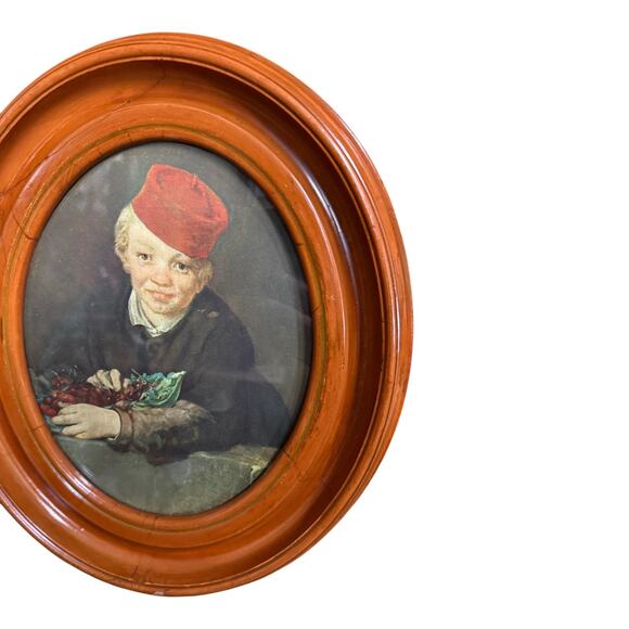 il_fullxfull.6715777113_lscd.jpg Vintage Boy With Cherries Framed Print Murillo Style Oval Wood Frame 14x12